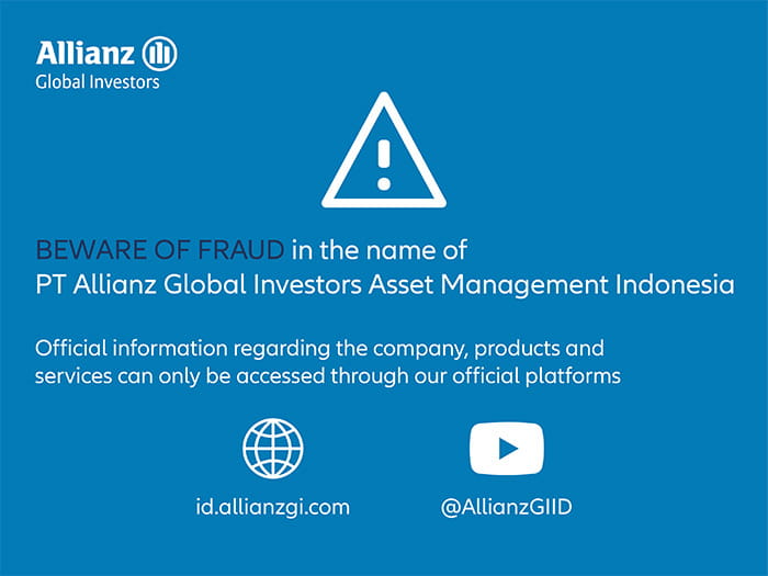 Beware of fraud warning from Allianz Global Investors, advising that official information can only be accessed through their official platforms, with their website and social media handles provided.