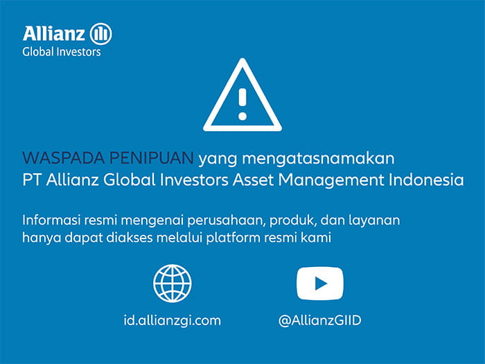 Beware of fraud warning from Allianz Global Investors, advising that official information can only be accessed through their official platforms, with their website and social media handles provided.